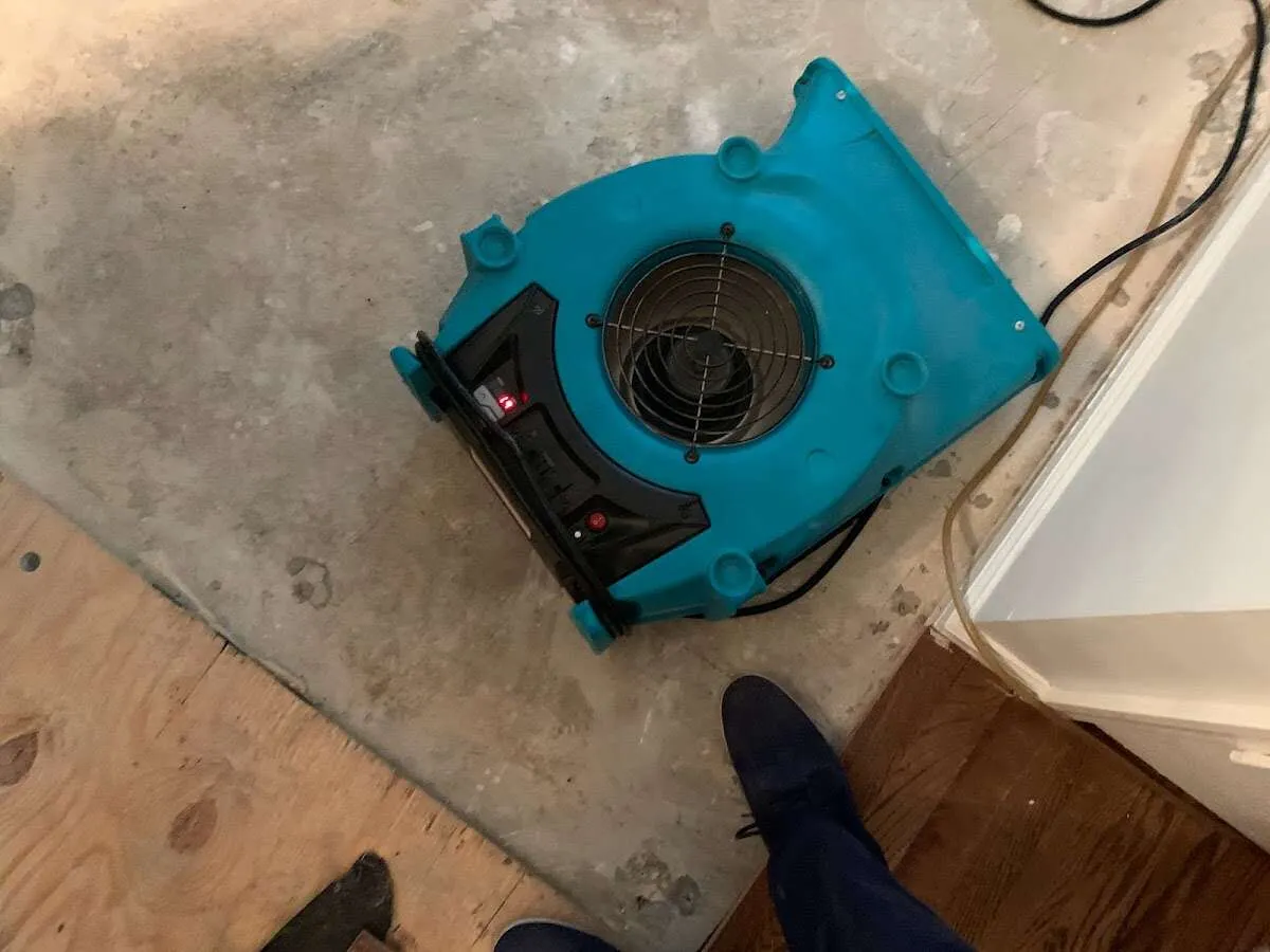 Air mover drying subfloor during Leak Detection & Repair in Highwood